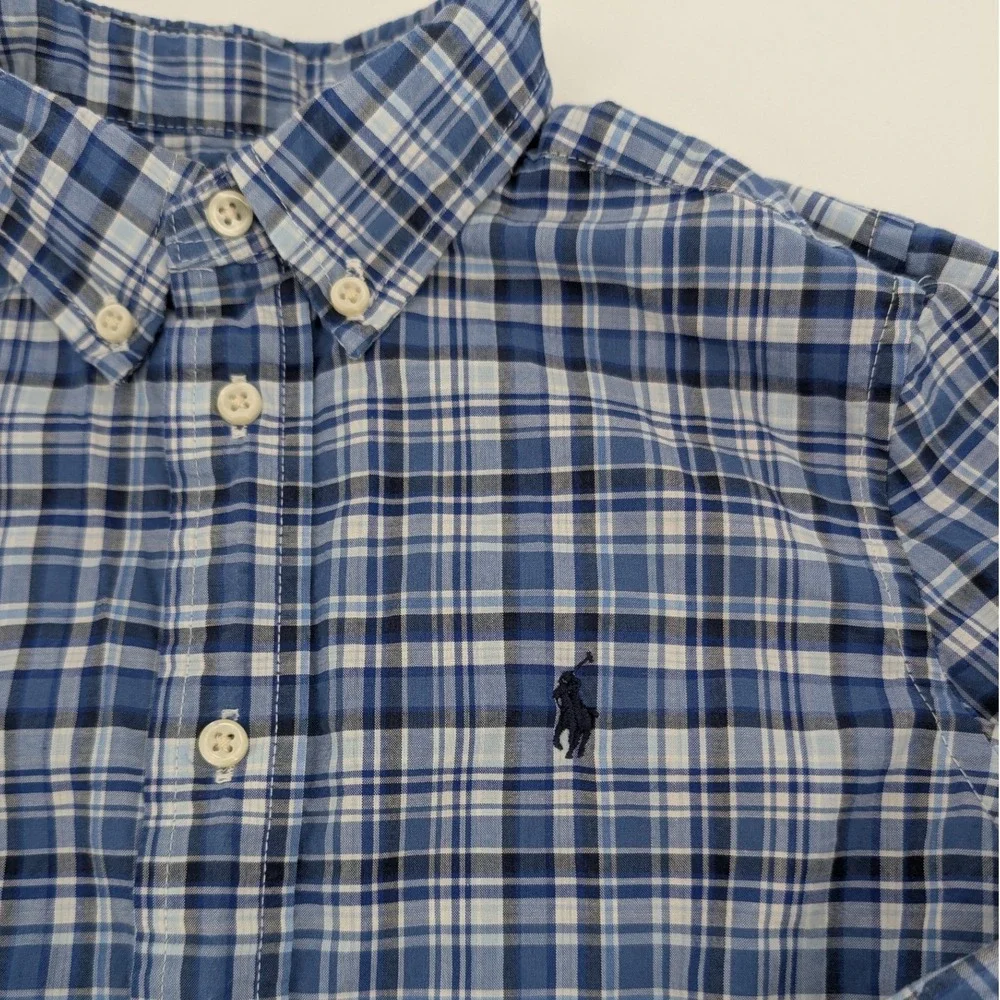 Ralph Lauren Button Down Shirt Kids 6 Blue Plaid Cotton Long‎ Sleeve Preppy